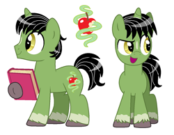 Size: 1267x981 | Tagged: safe, artist:lullapiies, oc, oc only, oc:apple crunch, pony, unicorn, black mane, black pupils, black tail, book, colored hooves, colt, foal, gray hooves, green coat, green eyes, hooves, horn, male, male oc, pony oc, quadrupedal, simple background, solo, tail, two toned coat, unicorn oc, unshorn fetlocks, white background, white coat