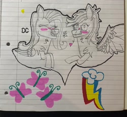 Size: 3024x2792 | Tagged: safe, artist:snapple_bloom, fluttershy, rainbow dash, pegasus, pony, g4, blushing, chest fluff, duo, duo female, eyebrows, eyes closed, female, heart, lesbian, lined paper, mare, open mouth, open smile, outline, raised eyebrow, raised hoof, ship:flutterdash, shipping, simple background, smiling, smirk, spread wings, traditional art, white background, wings