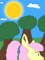 Size: 2304x3072 | Tagged: safe, alternate version, artist:anythingpony, fluttershy, bird, pegasus, pony, g4, alternate hairstyle, cloud, female, hill, mare, ponytail, scrunchie, signature, sky, solo, sun, tree