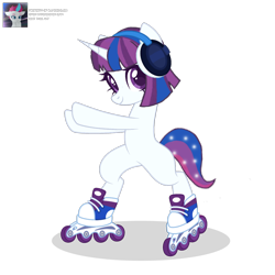 Size: 3600x3600 | Tagged: safe, artist:ramixe dash, cassette jam, pony, unicorn, g4, g5, base used, belly, bipedal, female, g5 to g4, generation leap, horn, mare, roller skates, rollerblades, signature, simple background, skates, solo, text, transparent background, watermark