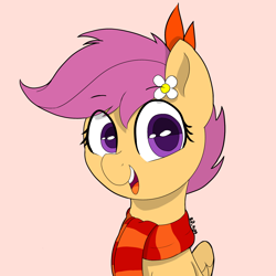 Size: 1378x1378 | Tagged: safe, artist:riverdawn404, scootaloo, pegasus, pony, g4, clothes, cute, cutealoo, female, red background, scarf, simple background, solo, striped scarf