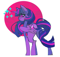 Size: 797x765 | Tagged: safe, artist:cutesykill, twilight sparkle, alicorn, pony, g4, alternate eye color, beanbrows, big ears, concave belly, eyebrows, female, horn, long legs, long neck, mare, multicolored mane, multicolored tail, no catchlights, passepartout, pink eyes, profile, purple coat, shrunken pupils, simple background, slender, smiling, solo, sparkles, standing, straight mane, straight tail, tail, thin, thin legs, twilight sparkle (alicorn), unicorn horn, white background