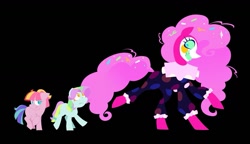 Size: 1337x771 | Tagged: safe, artist:partyponypower, coconut cream, pinkie pie, toola roola, earth pony, pony, eternal night au (janegumball), g4, black background, blue coat, blue eyes, blue sclera, clown makeup, clown outfit, colored eyelashes, colored sclera, colored teeth, confetti, confetti in mane, confetti in tail, curly mane, curly tail, ears back, evil grin, female, filly, foal, frown, grin, lineless, long mane, long tail, looking at someone, looking back, looking up, mare, multicolored mane, multicolored tail, nightmare pinkie, nightmarified, no catchlights, pink coat, pink mane, pink tail, ponytail, profile, raised hoof, raised leg, shrunken pupils, simple background, slasher smile, smiling, tail, tied mane, tied tail, trio, two toned mane, two toned tail, walking, yellow eyes