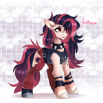 Size: 2283x2277 | Tagged: safe, artist:buvanybu, oc, oc only, oc:melody heartburn, amulet, belt, candy, chaos star, clothes, collar, female, food, goth, jewelry, lollipop, not a cigarette, pants, ripped pants, solo, spiked collar, torn clothes
