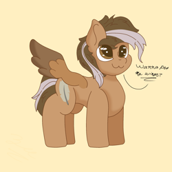 Size: 2048x2048 | Tagged: safe, artist:zugatti69, oc, oc only, oc:zugatti, pegasus, pony, :3, adorable face, brown coat, brown eyes, brown hair, brown mane, brown tail, chubby, colored wings, concave belly, cute, cutie mark, innocent, shading, simple background, simple shading, solo, speech, spread wings, tail, talking, two toned mane, two toned tail, two toned wings, wings, yellow background