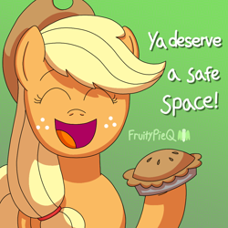 Size: 1000x1000 | Tagged: safe, artist:fruiitypieq, applejack, earth pony, g4, apple, apple pie, eyes closed, female, food, gradient background, happy, patterned background, pie, positive ponies, smiling, solo