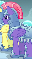 Size: 344x639 | Tagged: safe, screencap, radiant gold, ruby armor, crystal pegasus, crystal pony, pegasus, pony, g4, the times they are a changeling, armor, cropped, crystal guard armor, male, offscreen character, royal guard, solo, stallion