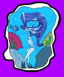 Size: 2404x2924 | Tagged: safe, artist:bludinimax, rarity, fish, human, equestria girls, g4, bikini, bikini bottom, bikini top, bra, breasts, bubble, busty rarity, cleavage, clothes, coral, female, flippers (gear), flowing mane, ocean, seaweed, snorkel, snorkeling, stylized, swimming, swimsuit, underwater, underwear, water