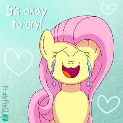 Size: 1000x1000 | Tagged: safe, artist:fruiitypieq, fluttershy, pegasus, pony, g4, :3, crying, female, fluttercry, gradient background, open mouth, smiling, solo, tears of joy