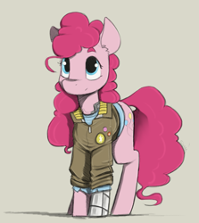 Size: 1461x1639 | Tagged: safe, artist:sinrar, pinkie pie, earth pony, g4, alternate universe, clothes, cybernetic legs, cyberpunk, female, jacket, simple background, tan background