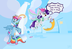 Size: 4400x3000 | Tagged: safe, artist:mafon, rainbow dash, rarity, pegasus, pony, unicorn, g4, sonic rainboom (episode), alternate scenario, bipedal, clothes, clothes hanger, cloudsdale, dialogue, dress, duo, duo female, female, glimmer wings, gritted teeth, headdress, hiding, horn, mare, rainbow dash always dresses in style, speech bubble, teeth, wings