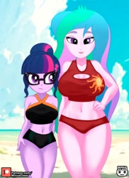 Size: 728x1000 | Tagged: safe, artist:minusclass, princess celestia, principal celestia, sci-twi, twilight sparkle, human, equestria girls, g4, 2d, bangs, beach, belly, belly button, big breasts, bikini, bikini bottom, bikini top, boob window, breasts, busty princess celestia, cleavage, clothes, cloud, duo, eyeshadow, female, glasses, hair bun, hairclip, hand on hip, height difference, legs, legs together, looking at you, looking to the left, makeup, midriff, outdoors, patreon, patreon logo, sand, sky, sleeveless, smiling, smiling at you, swimsuit, thighs