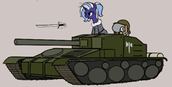 Size: 553x279 | Tagged: safe, artist:alexi148, oc, oc only, oc:hind, earth pony, pony, unicorn, foxhole(game), horn, magic, sword, tank (vehicle), telekinesis, weapon