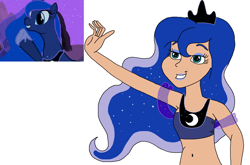 Size: 1148x759 | Tagged: safe, artist:ocean lover, princess luna, human, g4, luna eclipsed, season 2, bare midriff, bare shoulders, beautiful, belly button, blue eyeshadow, blue hair, blue lipstick, clothes, crown, curvy, ethereal hair, exposed belly, eyeshadow, hand up, hourglass figure, human coloration, humanized, jewelry, lidded eyes, lipstick, makeup, midriff, moderate dark skin, ms paint, night, peytral, pretty, princess of the night, reference, regalia, scene interpretation, simple background, sleeveless, smiling, starry hair, stupid sexy princess luna, teal eyes, the fun has been doubled, wavy hair, white background