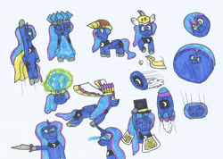 Size: 1058x755 | Tagged: safe, artist:spaton37, princess luna, alicorn, g4, ball, bipedal, cape, clothes, crossover, cutter, drill, hat, ice, inflation, kirby (series), laser, missile, morph ball, princess balluna, stone, sword, traditional art, transformation, weapon, wheel, wings