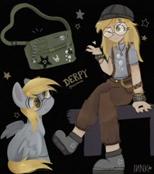Size: 1200x1356 | Tagged: safe, artist:inzomniak, derpy hooves, human, pegasus, pony, g4, abstract background, alternate design, bag, beanie, black background, clothes, cutie mark on clothes, female, floating heart, freckles, glasses, gold chains, handbag, hat, heart, human ponidox, humanized, jewelry, meganekko, name, necklace, one eye closed, overalls, peace sign, peace symbol, round glasses, self paradox, self ponidox, signature, simple background, sitting, smiling, solo, spiked wristband, stars, wristband