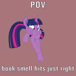 Size: 720x720 | Tagged: safe, artist:k. dale, twilight sparkle, alicorn, pony, g4, animated, creepy, cyriak, female, funny, gif, gray background, mare, movie accurate, not salmon, simple background, solo, surreal, text, that pony sure does love books, twilight sparkle (alicorn), wat, weird