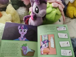 Size: 2048x1536 | Tagged: safe, spike, twilight sparkle, pony, unicorn, g4, bed, book, clothes, cute, dutch, golden oaks library, horn, irl, photo, scarf, striped scarf, twiabetes, unicorn twilight