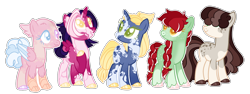 Size: 2470x930 | Tagged: safe, artist:ratunknown, oc, oc only, oc:applebite, oc:cotton clouds, oc:everlasting dawn, oc:moonlit twinkle, oc:vanilla bean, hybrid, pony, base used, body freckles, coat markings, colored pupils, female, freckles, hidden eyes, interspecies offspring, magical gay spawn, magical lesbian spawn, magical threesome spawn, mare, multiple parents, offspring, parent:applejack, parent:big macintosh, parent:fluttershy, parent:party favor, parent:princess skystar, parent:starlight glimmer, parent:sugar belle, parent:sunset shimmer, parent:trixie, parent:twilight sparkle, parents:fluttermac, parents:mudsandwich, parents:tripplejack, parents:twishimmerglimmer, simple background, small wings, transparent background, unshorn fetlocks, wings