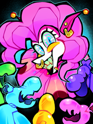 Size: 3000x4000 | Tagged: safe, artist:st_moloch, pinkie pie, earth pony, pony, eternal night au (janegumball), g4, black background, clown makeup, clown outfit, colored eyelashes, colored sclera, colored teeth, confetti, confetti in mane, curly mane, evil smile, female, grin, long mane, long tail, mare, nightmare pinkie, nightmarified, simple background, slasher smile, smiling, swirly eyes, tail