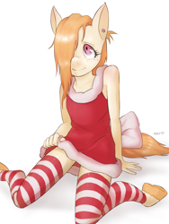 Size: 1050x1400 | Tagged: safe, artist:the-rasp-b, oc, oc only, anthro, anthro oc, clothes, ear piercing, female, freckles, hair over one eye, piercing, signature, simple background, socks, solo, stockings, striped socks, thigh highs, white background