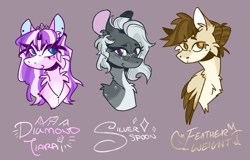 Size: 1280x818 | Tagged: safe, artist:kinda-lost, diamond tiara, featherweight, silver spoon, earth pony, pegasus, pony, g4, bust, cheek fluff, chest fluff, female, looking at you, male, mare, name, older, older diamond tiara, older featherweight, older silver spoon, purple background, simple background, smiling, smiling at you, stallion