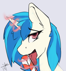 Size: 800x859 | Tagged: safe, artist:slendidnt, dj pon-3, vinyl scratch, pony, unicorn, g4, bust, candy, candy cane, drool, female, food, glowing, glowing horn, horn, licking, magic, mare, open mouth, signature, simple background, solo, tongue out