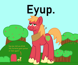 Size: 1913x1588 | Tagged: safe, artist:zoeyhorse, applejack, big macintosh, earth pony, pony, g4, brother and sister, dialogue, duo, duo male and female, eeyup, female, giant pony, lidded eyes, macro, male, mare, really big mac, siblings, smiling, solo focus, stallion