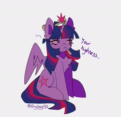 Size: 2082x2004 | Tagged: safe, artist:emoboy130, twilight sparkle, alicorn, pony, g4, alternate cutie mark, blunt, chest fluff, colored pinnae, colored sclera, crown, drug use, drugs, ear fluff, element of magic, eyebrows, eyebrows visible through hair, female, frown, high, high res, highlight sparkle, jewelry, looking away, mare, marijuana, multicolored mane, multicolored tail, pentagram, pink sclera, purple coat, purple eyes, purple text, regalia, signature, simple background, sitting, solo, spread wings, straight mane, straight tail, tail, text, tiara, white background, wings