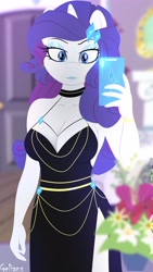 Size: 2304x4096 | Tagged: safe, artist:gelians, rarity, unicorn, anthro, g4, breasts, busty rarity, cellphone, cleavage, clothes, dress, female, fishtail dress meme, high res, horn, meme, phone, selfie, smartphone, solo