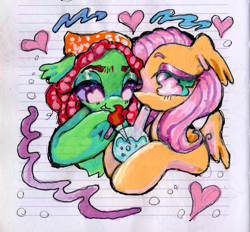 Size: 1609x1495 | Tagged: safe, artist:larvaecandy, fluttershy, tree hugger, earth pony, pegasus, pony, g4, abstract background, big eyes, bong, bonnet, bubble, chest fluff, colored eyebrows, colored underhoof, doodle, dreadlocks, drug use, drugs, duo, duo female, ear fluff, eyeshadow, female, fire, floating heart, floppy ears, flutterhigh, green coat, heart, high, holding, hoof hold, lesbian, lidded eyes, lined paper, long mane, makeup, mare, marijuana, marker drawing, narrowed eyes, pen drawing, pink mane, purple eyes, raised hoof, red mane, shiny mane, ship:flutterhugger, shipping, smoking, teal eyes, thick eyelashes, traditional art, two toned eyes, wingding eyes, yellow coat