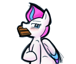 Size: 1049x883 | Tagged: safe, artist:zutcha, zipp storm, pegasus, pony, g5, blushing, bust, chocolate, chocolate bar, eating, female, food, full mouth, looking at you, mare, mouth hold, simple background, solo, that pony sure does love chocolate, white background