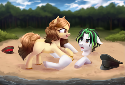 Size: 2321x1587 | Tagged: safe, artist:sparkling_light, oc, pony, beach, buried in sand, children, duo, forest, hat, nature, open mouth, sand, tree, water