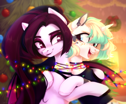 Size: 2428x2000 | Tagged: safe, artist:sparkling_light, oc, bat pony, pony, unicorn, christmas, christmas tree, duo, garland, holiday, horn, open mouth, tree