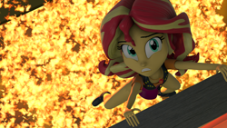 Size: 1920x1080 | Tagged: safe, artist:ontheedgeht, sunset shimmer, equestria girls, g4, 3d, cliffhanger, fire