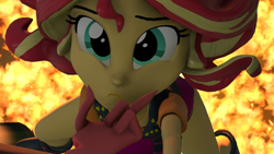 Size: 1920x1080 | Tagged: safe, artist:ontheedgeht, sunset shimmer, equestria girls, g4, 3d, cheek pinch, cliffhanger, fire