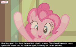 Size: 1920x1204 | Tagged: safe, edit, edited screencap, screencap, pinkie pie, earth pony, pony, comic:celestia's servant interview, baby cakes, g4, season 2, against glass, breaking the fourth wall, caption, cs captions, female, glass, image macro, interview, mare, pinkie being pinkie, solo, talking to viewer, text, underhoof