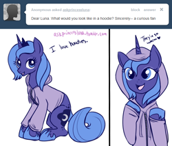 Size: 650x555 | Tagged: safe, artist:lulubell, princess luna, alicorn, ask princess luna, g4, ask, clothes, hoodie, s1 luna, solo, tumblr