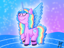 Size: 2160x1620 | Tagged: safe, artist:jesslmc16, izzy moonbow, alicorn, pony, g5, my little pony: tell your tale, the blockywockys, spoiler:g5, spoiler:my little pony: tell your tale, spoiler:tyts02e00, artificial wings, augmented, bracelet, cute, digital art, eyes closed, female, full body, horn, izzybetes, jewelry, magic, magic wings, mare, multicolored hair, rainbow hair, solo, standing, water, wings