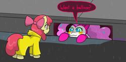 Size: 3921x1940 | Tagged: safe, artist:hayley566, apple bloom, pinkie pie, earth pony, pony, eternal night au (janegumball), g4, :3, clown, duo, female, filly, foal, it, mare, nightmare pinkie, nightmarified, pennywise, pinkiewise, rain, raincoat, seems legit, sewer, speech bubble, storm drain, street, this will end in death, this will end in pain, this will end in tears