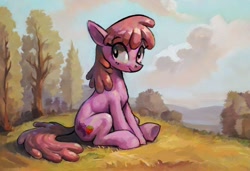 Size: 1058x724 | Tagged: safe, artist:yidwags, berry punch, berryshine, earth pony, pony, g4, autumn, digital painting, female, forest, hill, looking sideways, mare, nature, outdoors, sitting, smiling, solo, tree