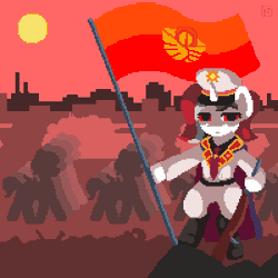 Size: 400x400 | Tagged: safe, artist:vohd, oc, oc only, oc:red rocket, pony, unicorn, equestria at war mod, animated, army, flag, gif, hat, horn, looking at you, pixel-crisp art, propaganda, red sky, slogan, solar empire, sun, tank (vehicle), text, weapon
