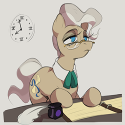 Size: 2000x2000 | Tagged: safe, artist:egil, mayor mare, earth pony, pony, g4, clock, desk, female, glasses, high res, inkwell, mare, quill, simple background, solo, tired, wall clock