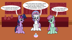 Size: 1920x1080 | Tagged: safe, artist:platinumdrop, minty (g4), potion nova, twilight sparkle, alicorn, earth pony, pony, unicorn, all that jitters, g4, g4.5, my little pony: pony life, commission, dialogue, g4.5 to g4, generation leap, horn, potion, sitting, smiling, speech bubble, talking, trio, twilight sparkle (alicorn)