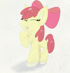 Size: 2868x3004 | Tagged: safe, artist:tkshoelace, apple bloom, earth pony, pony, g4, bow, hair bow, looking at you, one eye closed, raised hoof, raised leg, simple background, solo, unshorn fetlocks, wink, winking at you