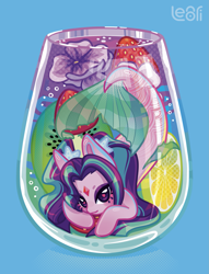 Size: 1517x1989 | Tagged: safe, artist:lenori, aria blaze, merpony, pony, seapony (g4), siren, starfish, equestria girls, g4, alcohol, blue background, bubble, cocktail, cocktail glass, colorful, drink, eyeshadow, female, fish tail, flowing mane, flowing tail, food, fruit, gem, juice, kiwi fruit, lemon, lemonade, lidded eyes, looking at you, makeup, mermaidized, scales, simple background, smiling, smiling at you, solo, species swap, strawberry, swimming, tail, the dazzlings, underwater, water