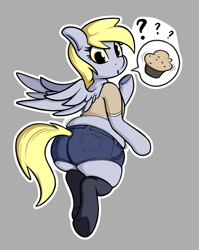 Size: 1718x2160 | Tagged: safe, artist:andelai, derpy hooves, pegasus, semi-anthro, g4, bubble butt, butt, chubby, clothes, denim, denim shorts, female, food, gray background, looking at you, looking back, looking back at you, mare, midriff, muffin, muffin top, open mouth, pictogram, plot, question mark, shirt, shorts, simple background, socks, solo, speech bubble, t-shirt, tail, tail hole, the ass was fat
