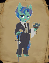 Size: 4710x6053 | Tagged: safe, artist:zwmushak, oc, pony, unicorn, semi-anthro, clothes, cup, duster, horn, male, monocle, sketch, solo, stallion, suit, sword, teacup, teapot, waiter, weapon