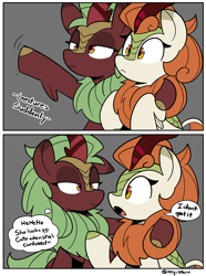 Size: 2100x2821 | Tagged: safe, artist:icey, autumn blaze, cinder glow, summer flare, kirin, g4, 2 panel comic, :<, awwtumn blaze, cinderbetes, cinderblaze, comic, confused, cute, descriptive noise, dialogue, duo, duo female, female, gesture, open mouth, speech bubble, thought bubble, x x everywhere