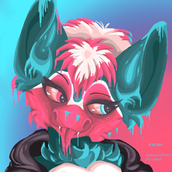 Size: 1200x1200 | Tagged: safe, artist:@cameron, oc, oc only, oc:opal, bat pony, pony, :p, blue eye, clothes, commission, cute, eyebrows, fangs, female, fluffy, gradient background, gray coat, hoodie, long tongue, looking right, neon, ooze, pink eyes, raised eyebrow, snout, solo, tongue out